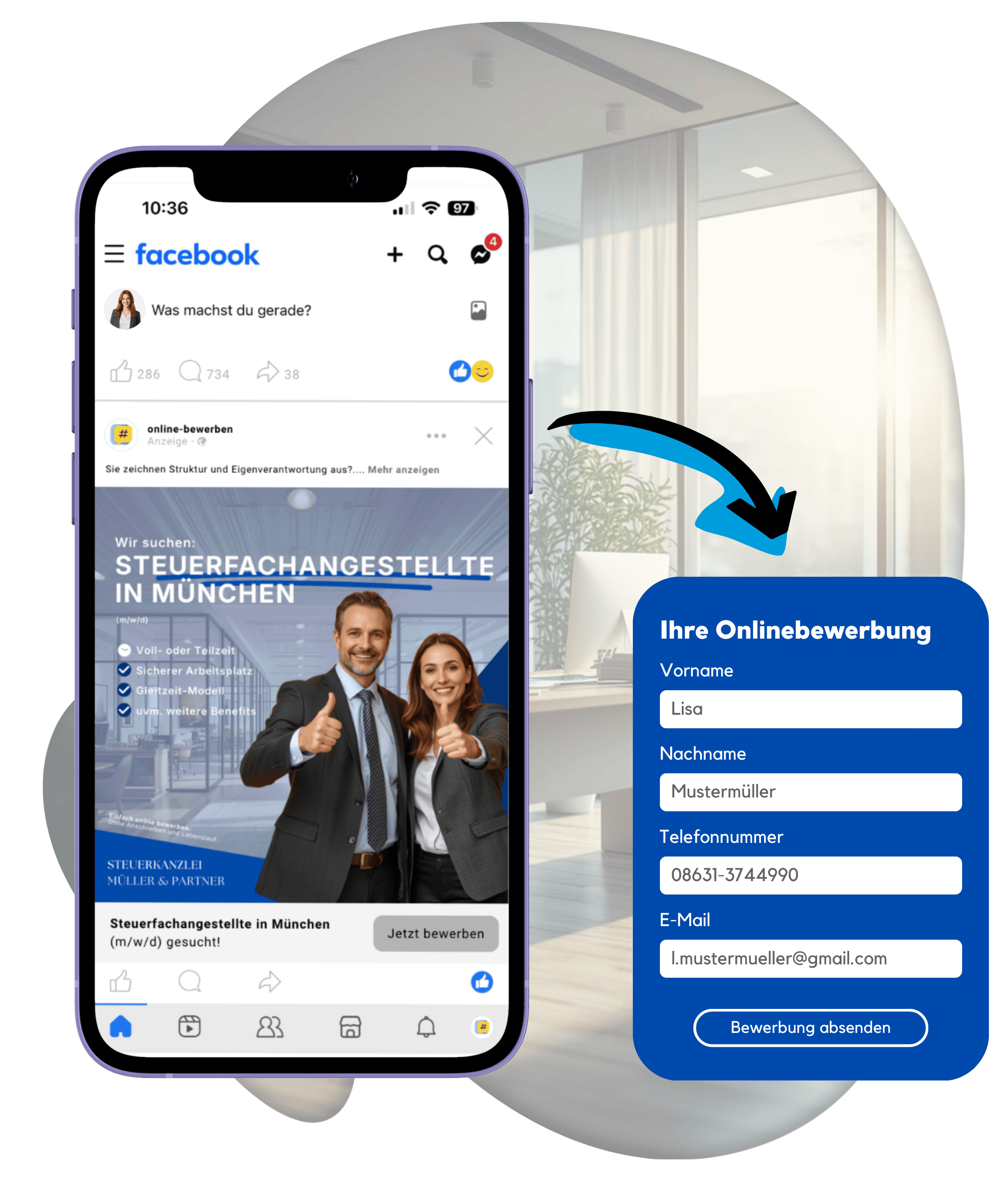 Illustration: Social Media Anzeige und Online-Bewerbung für Steuerfachangestellte – Social Recruiting Steuerkanzlei